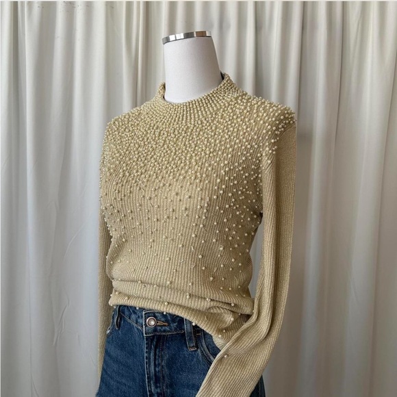 Vintage Silk Belldini Pearl Embellished Metallic Ribbed Mock neck sweater large - Picture 2 of 8
